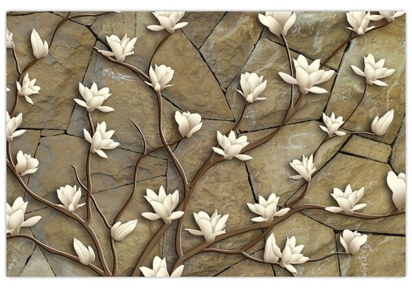 Tablou - Magnolii albe pe zidărie de piatră (90x60 cm)