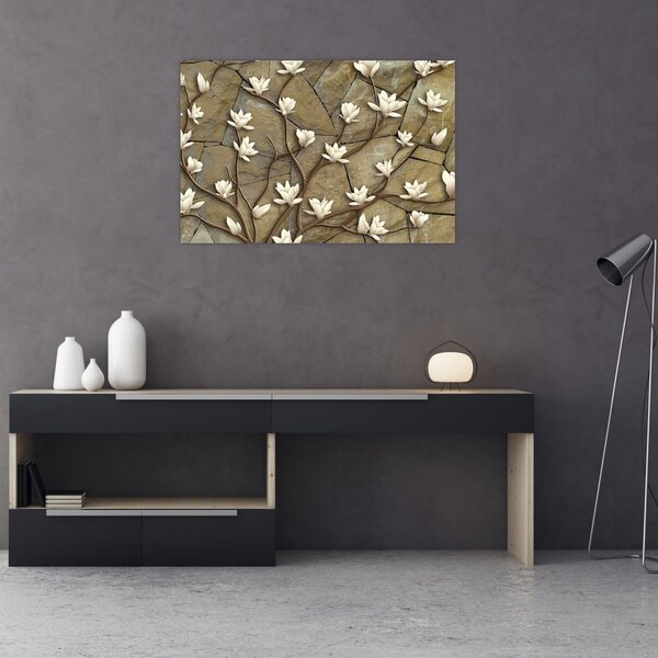 Tablou - Magnolii albe pe zidărie de piatră (90x60 cm)