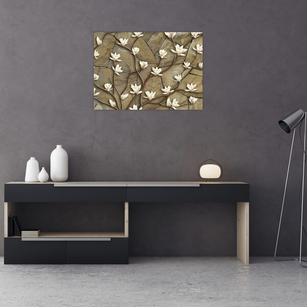 Tablou - Magnolii albe pe zidărie de piatră (70x50 cm)