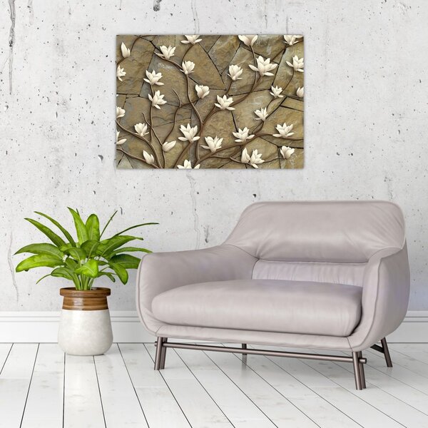 Tablou - Magnolii albe pe zidărie de piatră (70x50 cm)
