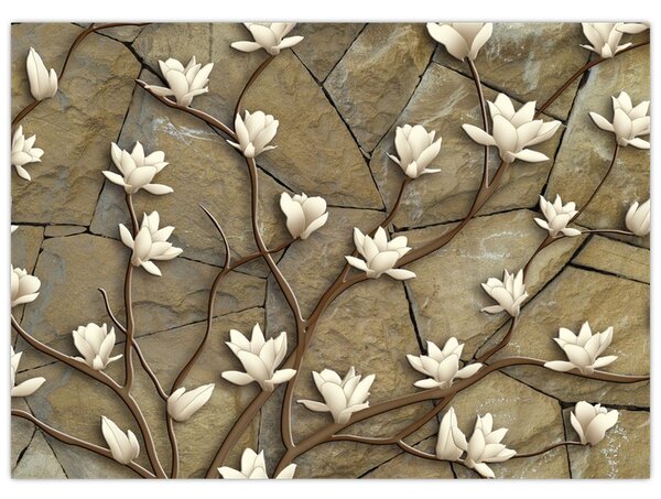 Tablou - Magnolii albe pe zidărie de piatră (70x50 cm)