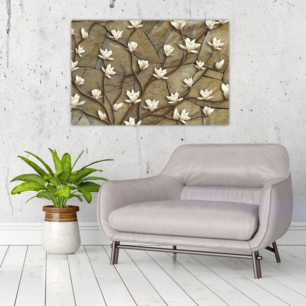 Tablou - Magnolii albe pe zidărie de piatră (90x60 cm)