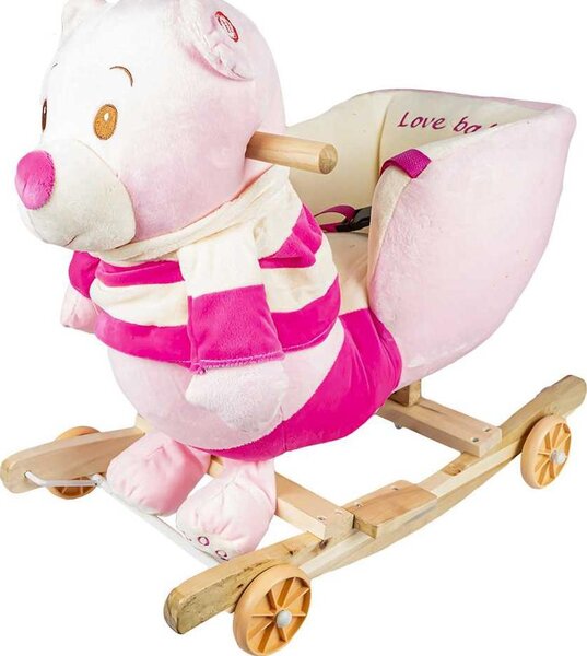 Balansoar pentru bebelusi, Ursulet, lemn + plus, cu rotile, roz, 55 cm