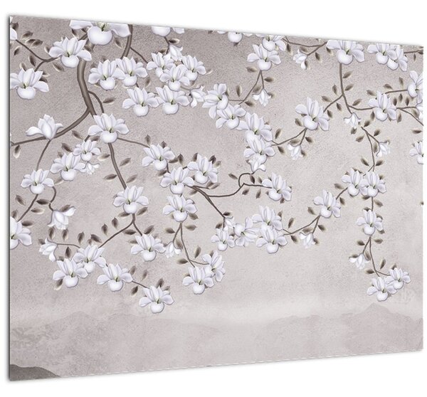 Tablou pe sticlă - Flori într-un peisaj gri (70x50 cm)