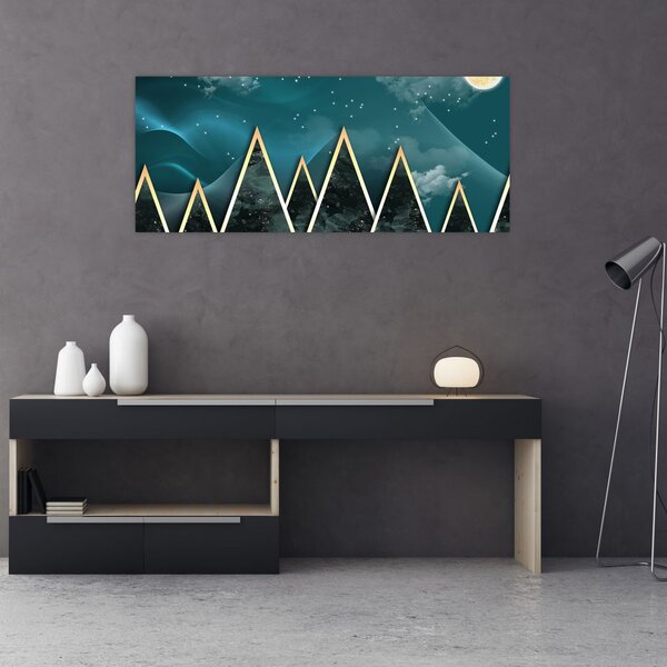 Tablou - Lună plină deasupra munțiilor aurii (120x50 cm)