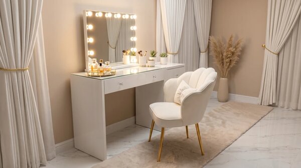 Set GLORIA, Masă de toaletă pentru machiaj, comodă, oglindă iluminată, becuri LED, taburet, Alb