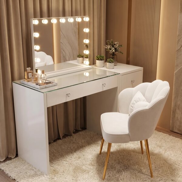 Set GLORIA, Masă de toaletă pentru machiaj, comodă, oglindă iluminată, becuri LED, taburet, Alb