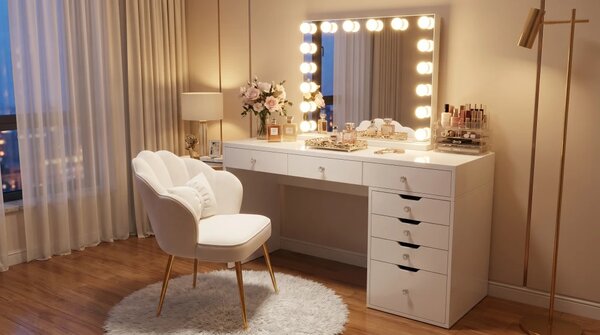 Set NORA, Masă de toaletă pentru machiaj, oglindă iluminată LED, trei tipuri culoare, control touch, incarcare USB, 7 sertare, Alb