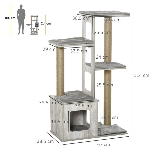 PawHut Copac Zgâriat Pisici, Multinivel, Căsuță, Frânghii Iuta, Design Compact, 67x38.5x114 cm, Gri | Aosom Romania