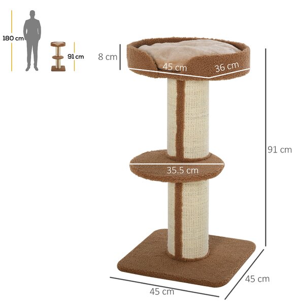 Stalp de Zgariat pentru Pisici cu Pat PawHut, Perna din funie de Sisal, Inaltime 91 cm | Aosom Romania