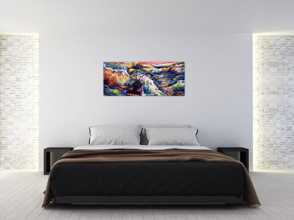 Tablou - Navă pe valurile oceanului, aquarelă (120x50 cm)
