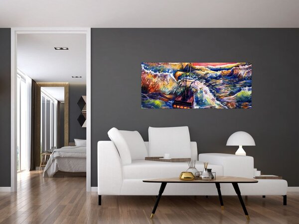 Tablou - Navă pe valurile oceanului, aquarelă (120x50 cm)