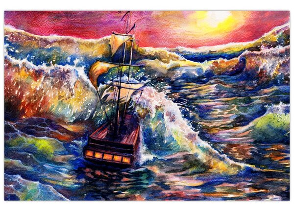 Tablou - Navă pe valurile oceanului, aquarelă (90x60 cm)