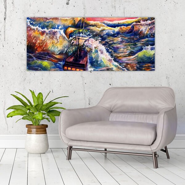 Tablou - Navă pe valurile oceanului, aquarelă (120x50 cm)