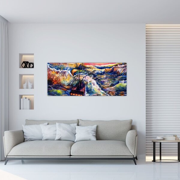 Tablou - Navă pe valurile oceanului, aquarelă (120x50 cm)