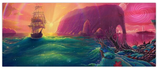 Tablou - Pictură în ulei, călătorie într-un țărăm fantastic (120x50 cm)