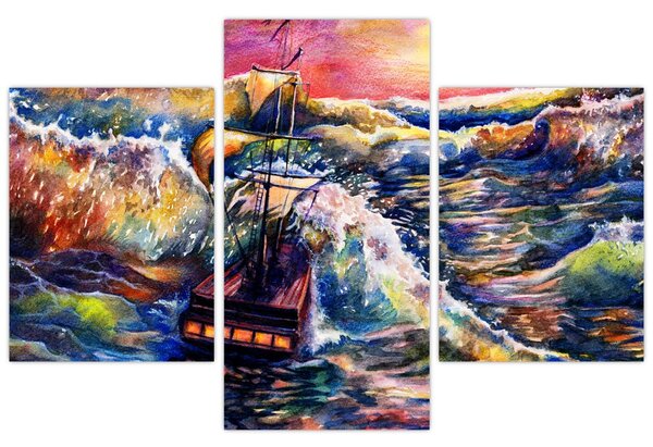 Tablou - Navă pe valurile oceanului, aquarelă (90x60 cm)