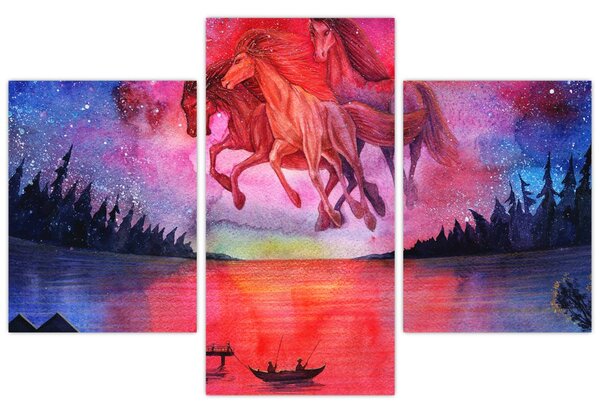 Tablou - Apariția cailor spațiali peste lac, acuarelă (90x60 cm)