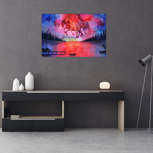 Tablou - Apariția cailor spațiali peste lac, acuarelă (90x60 cm)