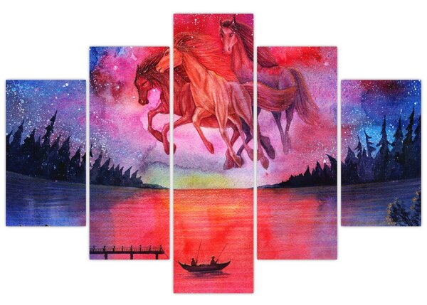 Tablou - Apariția cailor spațiali peste lac, acuarelă (150x105 cm)