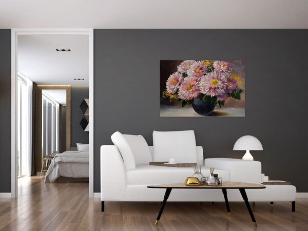 Tablou - Pictură în ulei, flori în vază (90x60 cm)