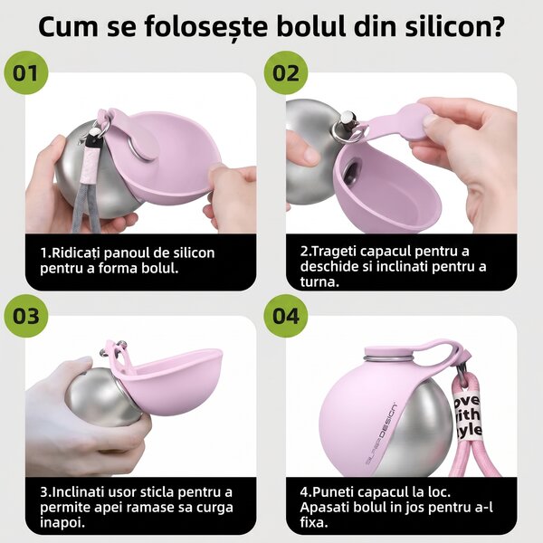 Sticlă de apă pentru câini, 2 în 1, în formă de minge, cu bol din silicon