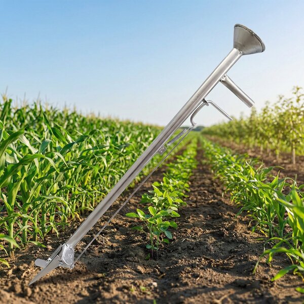 Plantator manual din metal, cu pâlnie și cioc cu manetă, pentru semințe și bulbi