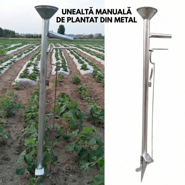Plantator manual din metal, cu pâlnie și cioc cu manetă, pentru semințe și bulbi