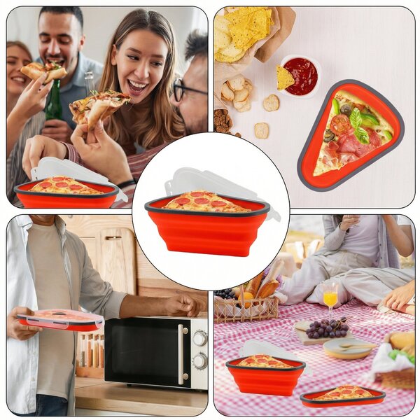 Caserolă pliabilă pentru pizza, în formă de felie, cu capac și 5 tăvi despărțitoare