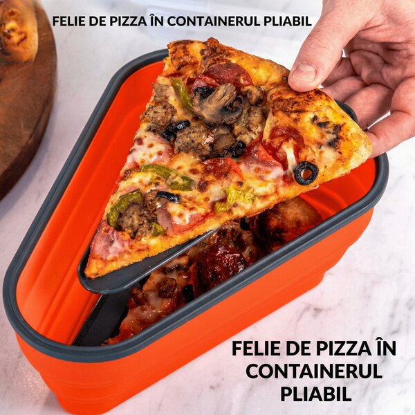 Caserolă pliabilă pentru pizza, în formă de felie, cu capac și 5 tăvi despărțitoare