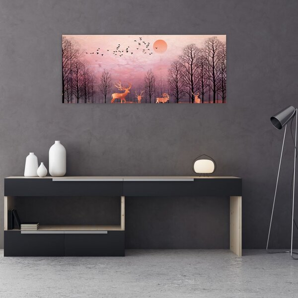 Tablou - Căprioare în strălucirea apusului de soare (120x50 cm)