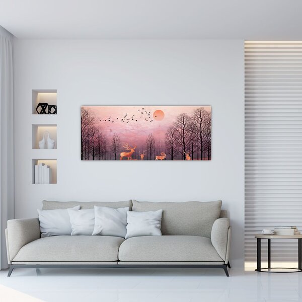 Tablou - Căprioare în strălucirea apusului de soare (120x50 cm)