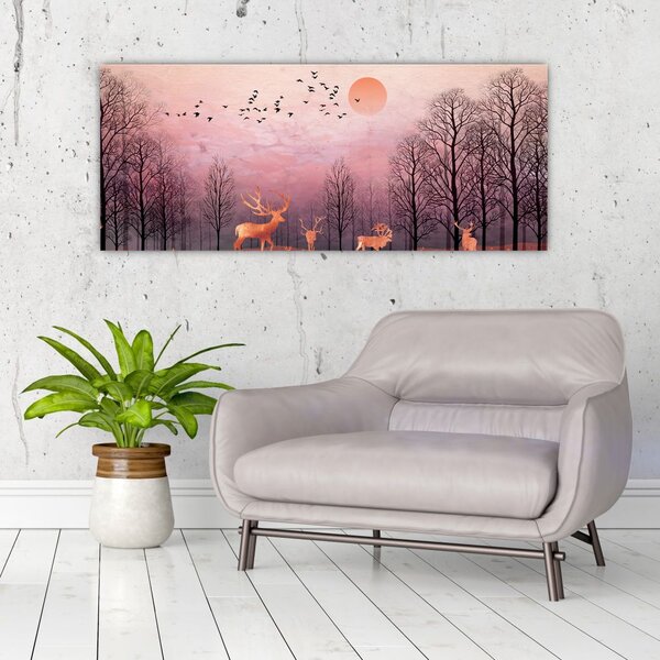 Tablou - Căprioare în strălucirea apusului de soare (120x50 cm)