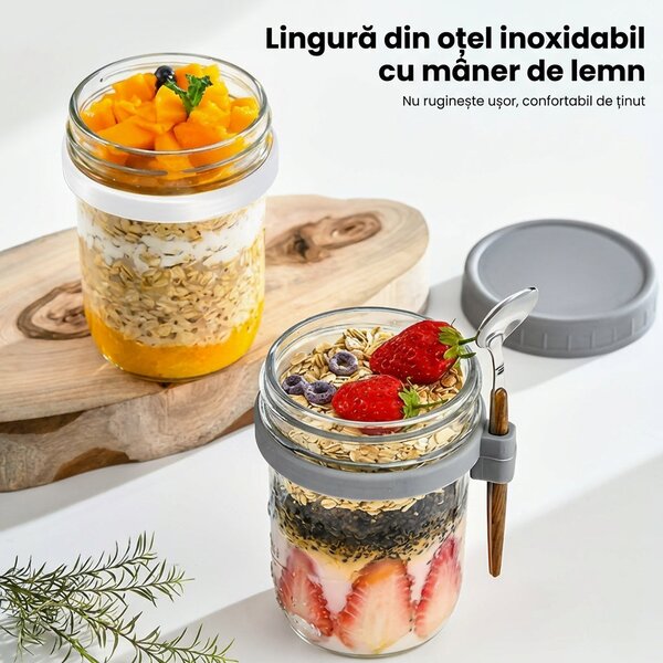 Set 2 borcane din sticlă pentru ovăz, cu capac filetat și linguriță