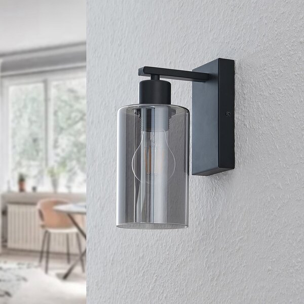 Lindby Aplică de perete Emavi, negru/gri fumuriu, sticlă, E27, reglabil, Negru, Camera de zi / sufragerie, Metal, Modern