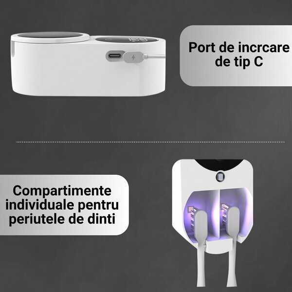 Suport de perete pentru 2 periuțe de dinți, cu lampă UV, capac și afișaj digital
