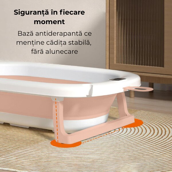 Cadita pliabila cu termometru electronic, hamac ajustabil si dop Kidizi Folda pink, certificat EN71, include furtun scurgere si baza antialunecare, 0-24 luni