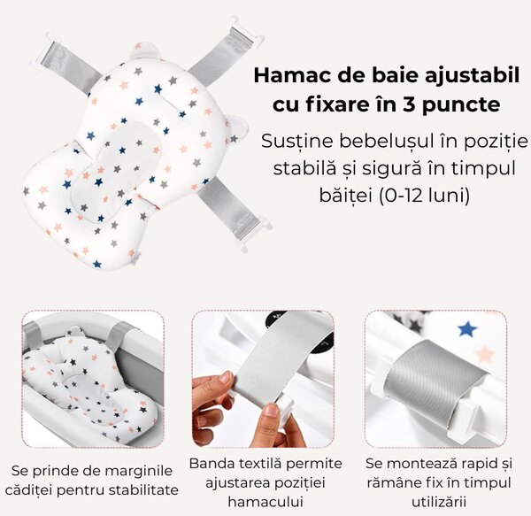 Cadita pliabila cu termometru electronic, hamac ajustabil si dop Kidizi Folda grey, certificat EN71, include furtun scurgere si baza antialunecare, 0-24 luni