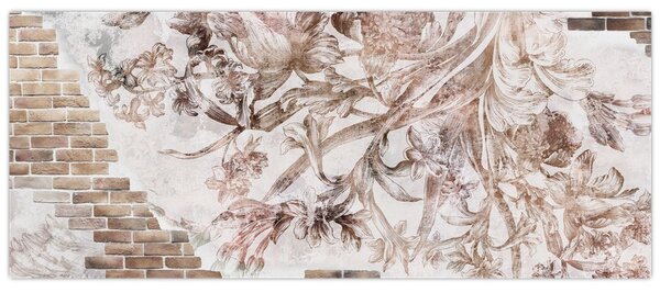 Tablou - Frescă florală pe un perete de cărămidă (120x50 cm)