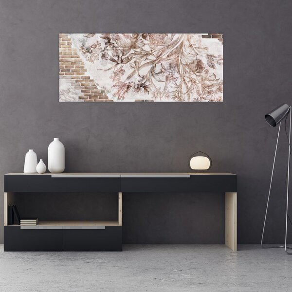 Tablou - Frescă florală pe un perete de cărămidă (120x50 cm)