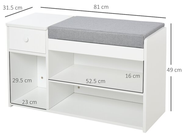 Banca pantofar cu perna, sertar si 3 compartimente deschise, mobilier din lemn pentru hol 81x31.5x49cm, alb | Aosom Romania