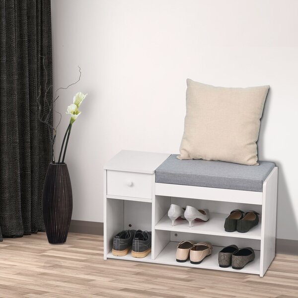Banca pantofar cu perna, sertar si 3 compartimente deschise, mobilier din lemn pentru hol 81x31.5x49cm, alb | Aosom Romania