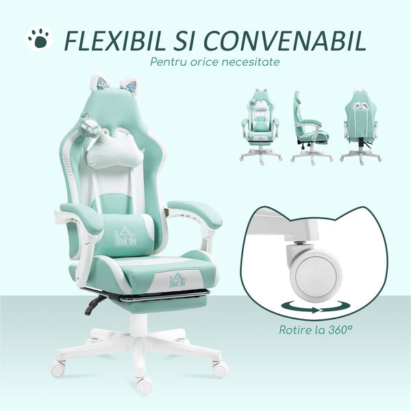 Scaun de Gaming Reclinabil HOMCOM cu Suport pentru Picioare și Perne, din Piele Artificială și Spumă, 65x62x116-124 cm, Albastru și Alb | Aosom Romania