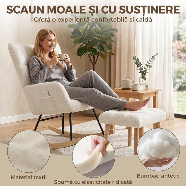 HOMCOM Fotoliu Balansoar din Sherpa cu Taburet, Buzunare Laterale, Șezut Gros, Design Matlasat, Crem | Aosom Romania