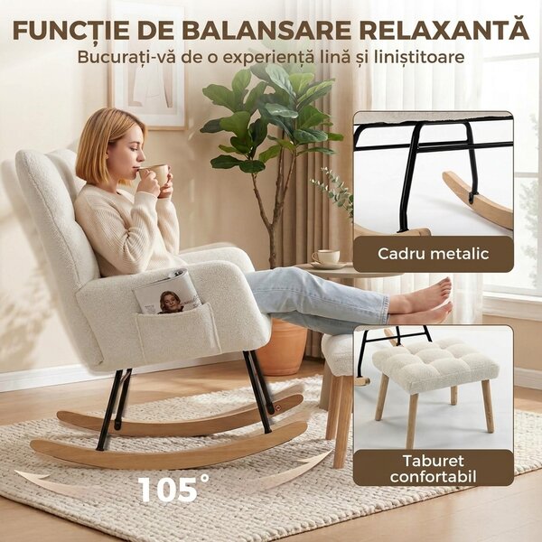 HOMCOM Fotoliu Balansoar din Sherpa cu Taburet, Buzunare Laterale, Șezut Gros, Design Matlasat, Crem | Aosom Romania