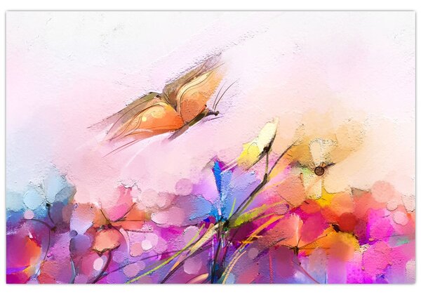Tablou - Fluture asupra florilor, abstracție (90x60 cm)
