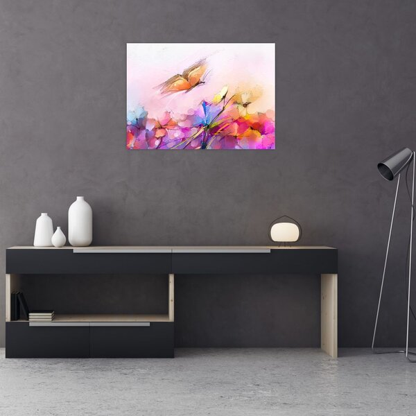 Tablou - Fluture asupra florilor, abstracție (70x50 cm)
