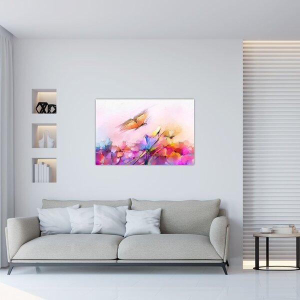 Tablou - Fluture asupra florilor, abstracție (90x60 cm)