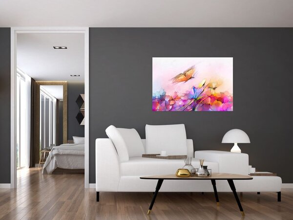 Tablou - Fluture asupra florilor, abstracție (90x60 cm)