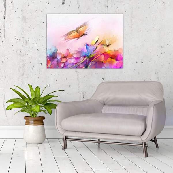 Tablou - Fluture asupra florilor, abstracție (70x50 cm)